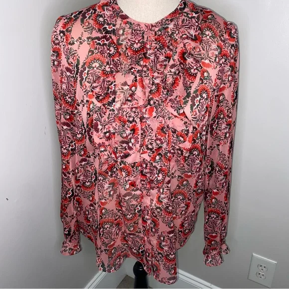 Boden pink & red paisley floral button front sheer ruffle front blouse size 8 - Picture 1 of 7